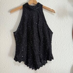 Vintage Womens Laurence Kazar‎ XL ornate Black Halter Neck Sequin Beaded Top Y2K